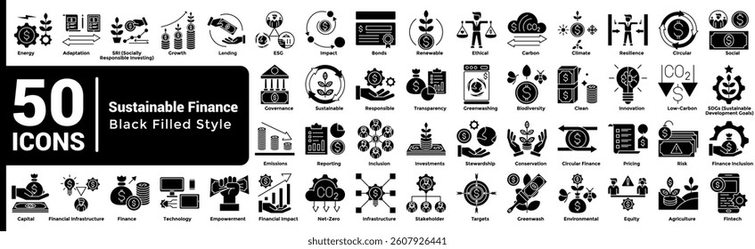 Complete collection of Sustainable Finance icons Black Filled style.