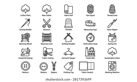 Complete collection of thin line icons for fashion design and textile production processes including raw materials knitting embroidery dyeing garment hanging and automated laundry equipment for clothing manufacturers fashion designers and craft hobbyist brands seeking quality visuals.