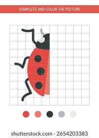 Completar e colorir a joaninha. Planilha de arte em grade de simetria de desenho para crianças. Atividade educacional para a escola primária