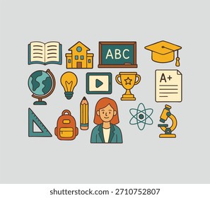 Colección colorida completa del conjunto del icono de la Educación y del aprendizaje escolar