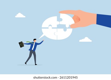 Complete communication speech bubble,  businessman hand help connect jigsaw on speech bubble.