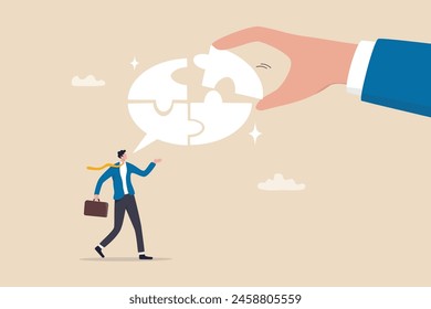 Complete communication speech bubble, solve or help employee communicate with dialogue puzzle, discussion or negotiation skill concept, businessman hand help connect jigsaw on speech bubble.