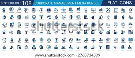 Complete Corporate Management Business Strategy and Professional Ethics Solid Icon Set. Leadership, Governance. Success, Development, Organization. Editable Vector Pack.