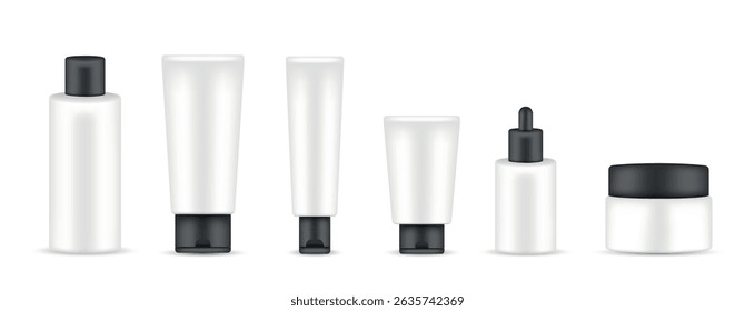 Conjunto completo de embalaje cosmético con tapas negras — maqueta de Vector realista