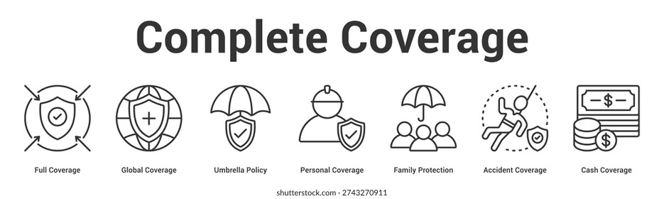 Complete Coverage web banner icon set vector illustration concept for business with icon of Full Coverage, Global Coverage, Umbrella Policy, Personal Coverage, Family Protection, Accident Covera.
