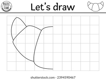 Complete the croissant. Vector France themed symmetrical drawing practice worksheet. Printable black and white activity for kids. Copy the picture French coloring page with traditional pastry
