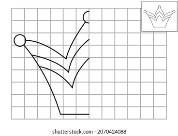 Complete the crown picture. Vector fairytale symmetrical drawing practice worksheet. Printable black and white activity for preschool kids. Copy the picture magic kingdom themed game