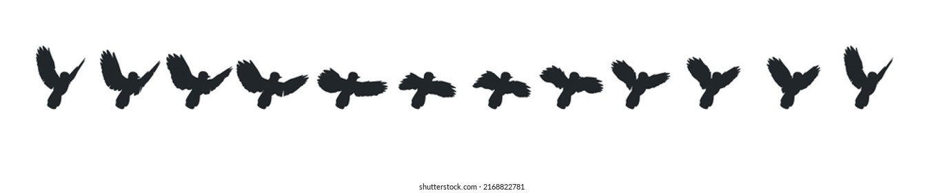 A Complete Cycle Of Bird Flight Animation. Black And White Silhouette.
