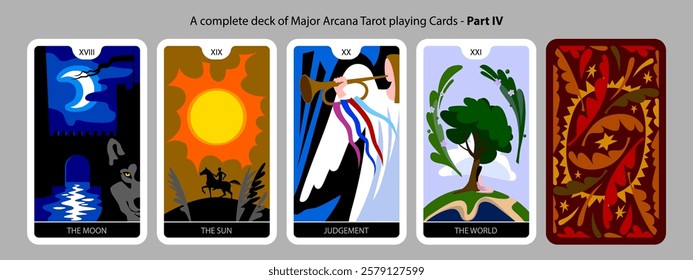 A complete deck of Major Arcana colorful Tarot playing Cards. Part IV. Vector illustration in modern cartoon minimalism flat style