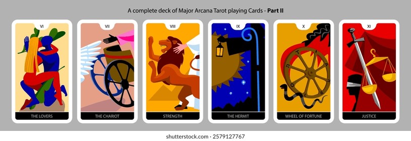 A complete deck of Major Arcana colorful Tarot playing Cards. Part II. Vector illustration in modern cartoon minimalism flat style