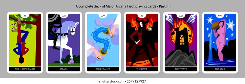 A complete deck of Major Arcana colorful Tarot playing Cards. Part III. Vector illustration in modern cartoon minimalism flat style