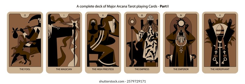 A complete deck of Major Arcana Tarot playing Cards in brown and black colors. Part I. Vector illustration in vintage cartoon minimalism flat style