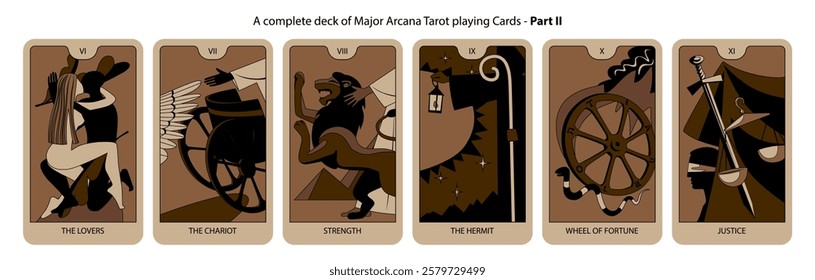 A complete deck of Major Arcana Tarot playing Cards in brown and black colors. Part II. Vector illustration in vintage cartoon minimalism flat style