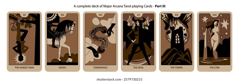 A complete deck of Major Arcana Tarot playing Cards in brown and black colors. Part III. Vector illustration in vintage cartoon minimalism flat style