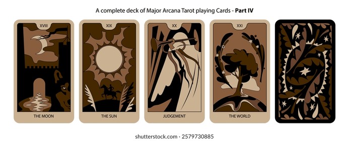 A complete deck of Major Arcana Tarot playing Cards in brown and black colors. Part IV. Vector illustration in vintage cartoon minimalism flat style