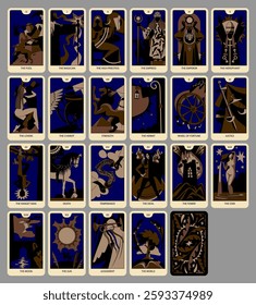 A complete deck of Major Arcana Tarot playing Cards in brown, black and blue colors. Vector illustration in vintage cartoon minimalism flat style. NOT AI generated