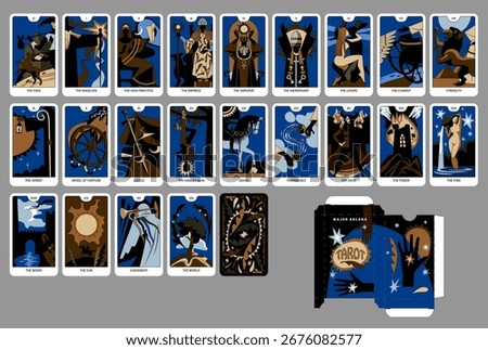 A complete deck of Major Arcana Tarot playing Cards in brown, black and blue colors and card's box design. Vector illustration in vintage cartoon minimalism flat style
