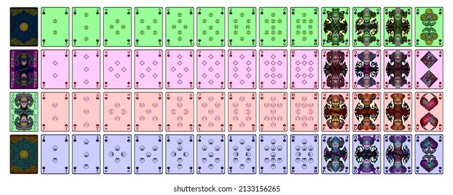 Piso completo de cartas de juego de póquer. Estilo oriental de cuento de hadas. Vector aislado sobre fondo blanco.