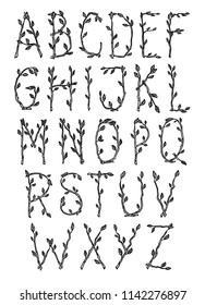 A complete decorative alphabet made of tree branches. Nature vector hand drawn letters isolated over white.