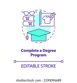 Complete degree program concept icon. Education. Becoming fashion designer abstract idea thin line illustration. Isolated outline drawing. Editable stroke. Arial, Myriad Pro-Bold fonts used