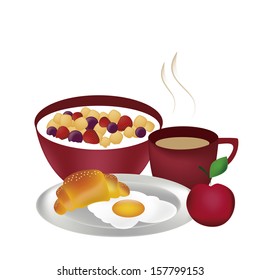 a complete and delicious breakfast with coffee, cereal, bread, fruit and an egg