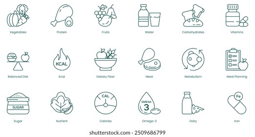 Complete Dietary Icons: Food, Vegetables, Protein, Fruits, Water, Carbohydrates, Vitamins, Balanced Diet, K-Cal, Dietary Fiber, Meat, Metabolism, Meal Planning, Sugar, Nutrition, Nutrients, Calories