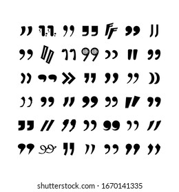 Complete different black silhouette and isolated closing quotation marks icons set on white background