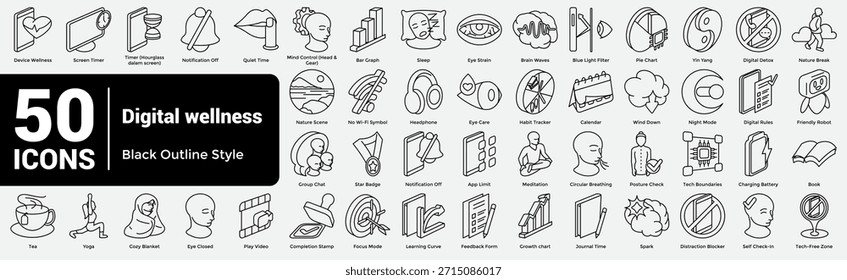 O Complete Digital Wellness Collection une 50 ícones para painéis de bem-estar, aplicativos calmos e campanhas de tecnologia saudável. Estilo da linha.