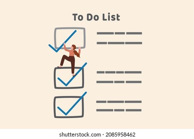 Complete to do list, accomplish project plan or finish tasks in schedule help achieve business goal and objective done, businesswoman climb up todo list to tick finished working project task checkbox.