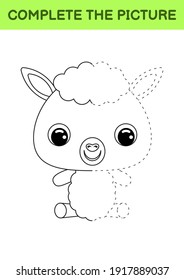 Complete drawn picture of cute alpaca. Coloring book. Dot copy game. Handwriting practice, drawing skills training. Education developing printable worksheet. Activity page. Vector illustration.