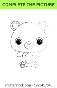 Complete drawn picture of cute bear. Coloring book. Dot copy game. Handwriting practice, drawing skills training. Education developing printable worksheet. Activity page. Vector illustration.
