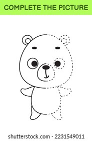 Complete drawn picture of cute bear. Coloring book. Dot copy game. Handwriting practice, drawing skills training. Education developing printable worksheet. Activity page. Vector illustration