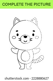 Complete drawn picture of cute cat. Coloring book. Dot copy game. Handwriting practice, drawing skills training. Education developing printable worksheet. Activity page. Vector illustration