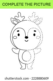 Complete drawn picture of cute deer. Coloring book. Dot copy game. Handwriting practice, drawing skills training. Education developing printable worksheet. Activity page. Vector illustration