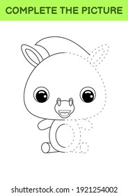 Complete drawn picture of cute donkey. Coloring book. Dot copy game. Handwriting practice, drawing skills training. Education developing printable worksheet. Activity page. Vector illustration.