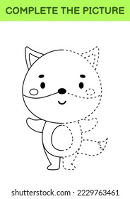 Complete drawn picture of cute fox. Coloring book. Dot copy game. Handwriting practice, drawing skills training. Education developing printable worksheet. Activity page. Vector illustration