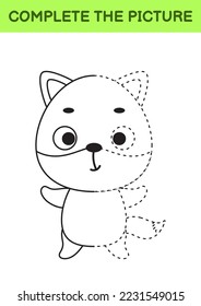 Vollständiges gezeichnetes Bild von süßem Fuchs. Farbbuch. Kopiere das Spiel. Handschrift Übung, Zeichnen von Fähigkeiten Ausbildung. Unterrichtsarbeit, die druckbare Arbeitsblätter erstellt. Aktivitätsseite. Vektorgrafik