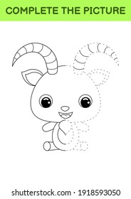 Complete drawn picture of cute goat. Coloring book. Dot copy game. Handwriting practice, drawing skills training. Education developing printable worksheet. Activity page. Vector illustration.