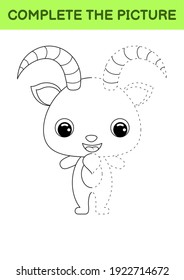 Complete drawn picture of cute goat. Coloring book. Dot copy game. Handwriting practice, drawing skills training. Education developing printable worksheet. Activity page. Vector illustration.