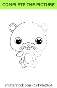 Complete drawn picture of cute hamster. Coloring book. Dot copy game. Handwriting practice, drawing skills training. Education developing printable worksheet. Activity page. Vector illustration.