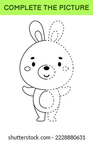 Complete drawn picture of cute hare. Coloring book. Dot copy game. Handwriting practice, drawing skills training. Education developing printable worksheet. Activity page. Vector illustration