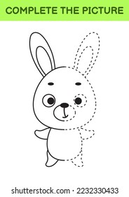 Complete drawn picture of cute hare. Coloring book. Dot copy game. Handwriting practice, drawing skills training. Education developing printable worksheet. Activity page. Vector illustration