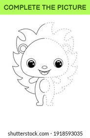 Complete drawn picture of cute hedgehog. Coloring book. Dot copy game. Handwriting practice, drawing skills training. Education developing printable worksheet. Activity page. Vector illustration.