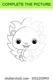 Complete drawn picture of cute hedgehog. Coloring book. Dot copy game. Handwriting practice, drawing skills training. Education developing printable worksheet. Activity page. Vector illustration.