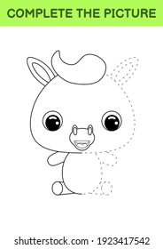 Complete drawn picture of cute horse. Coloring book. Dot copy game. Handwriting practice, drawing skills training. Education developing printable worksheet. Activity page. Vector illustration.