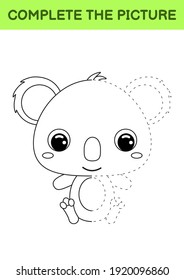 Complete drawn picture of cute koala. Coloring book. Dot copy game. Handwriting practice, drawing skills training. Education developing printable worksheet. Activity page. Vector illustration.