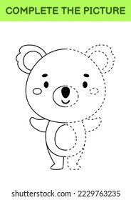 Complete drawn picture of cute koala. Coloring book. Dot copy game. Handwriting practice, drawing skills training. Education developing printable worksheet. Activity page. Vector illustration