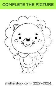 Complete drawn picture of cute lion. Coloring book. Dot copy game. Handwriting practice, drawing skills training. Education developing printable worksheet. Activity page. Vector illustration