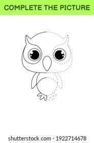 Complete drawn picture of cute owl. Coloring book. Dot copy game. Handwriting practice, drawing skills training. Education developing printable worksheet. Activity page. Vector illustration.