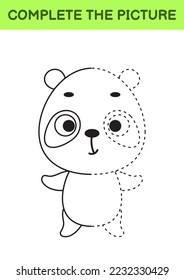 Complete drawn picture of cute panda. Coloring book. Dot copy game. Handwriting practice, drawing skills training. Education developing printable worksheet. Activity page. Vector illustration